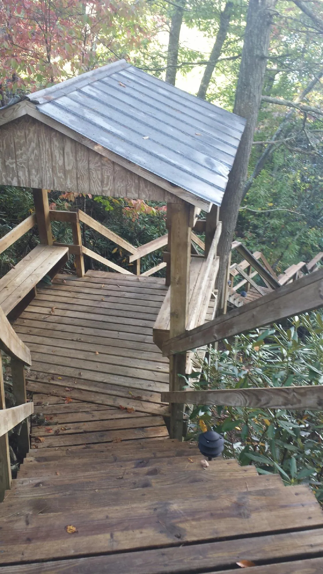 Metal roofed shelter over wooden steps on a wooded walkway — Skylight Repair & Installation work by our crew in La Crosse